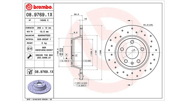 360406065302, Bremseskive, Brzdový kotouč, MAGNETI MARELLI, 8J0615601, 08.9769.1X, 0986479465, 100332820, 14946, 17860, 24011201751, 3147168, 34402, 54594, 92159403, 980693, BD180101, BG4089, BR900816, BS7737, DDF1848, DF4784, DI956657, MDC2292, 08976911, 100332852, 14946V, 412175, BV7737, DDF1848C